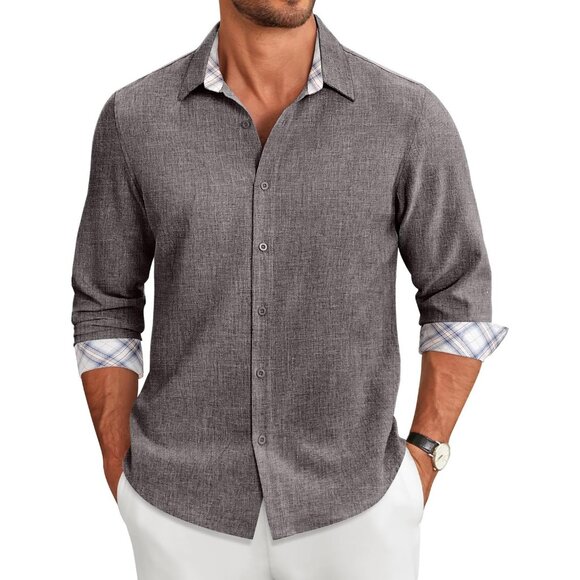 Coofandy Men Dark Grey Long Sleeve Button Down Untucked Regular Fit Dress Shirt - Picture 1 of 7